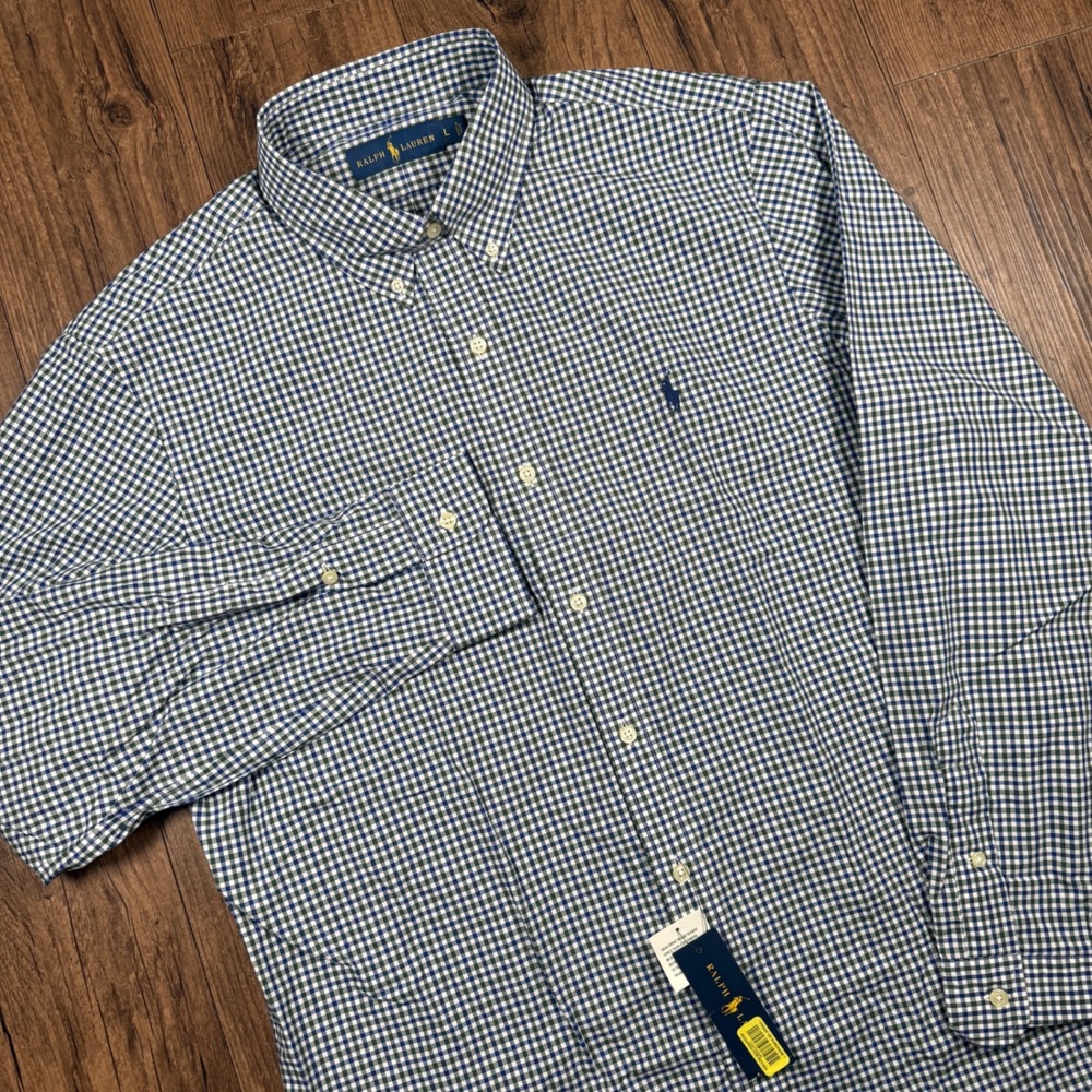 Ralph Lauren Shirt Mens L Blue Green Gingham Check Plaid Button Down Preppy NWT